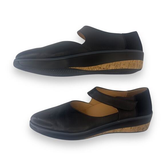 Soleni Women's Marie Flat Mary Jane US 9.5 W Black Leather Orthopedic Cork Wedge - Picture 4 of 10